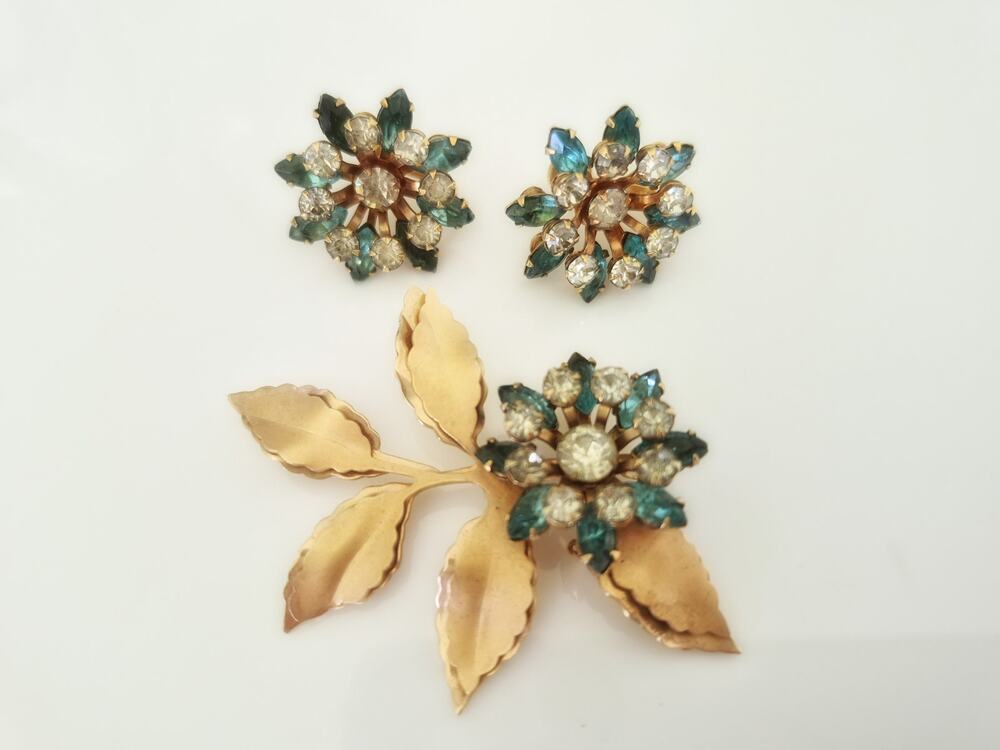 Vintage Gold-fill Blue and White Rhinestone Floral Brooch and Earring Set